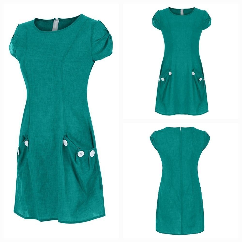 🍑Teal Button Tab Short Sleeve Dress Medium - Picture 13 of 14
